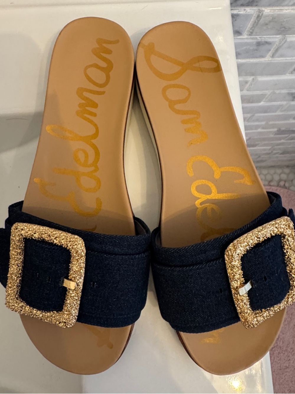 Sam Edelman Black Slide Mules with Gold Sparkle Buckles